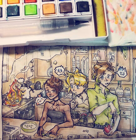 old painting of my ocs, kee, elli, and henry